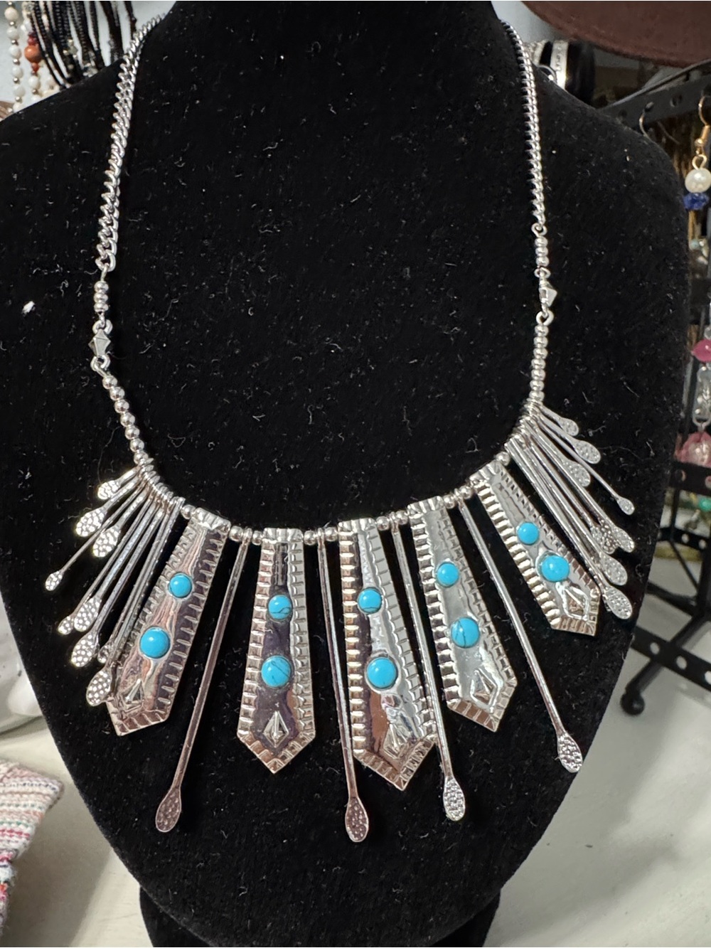 JS Stamped Silver-Tone Necklace with Turquoise Accents